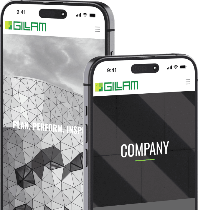 Two mobile devices featuring the website of Gillam Group, a construction management and general contracting firm