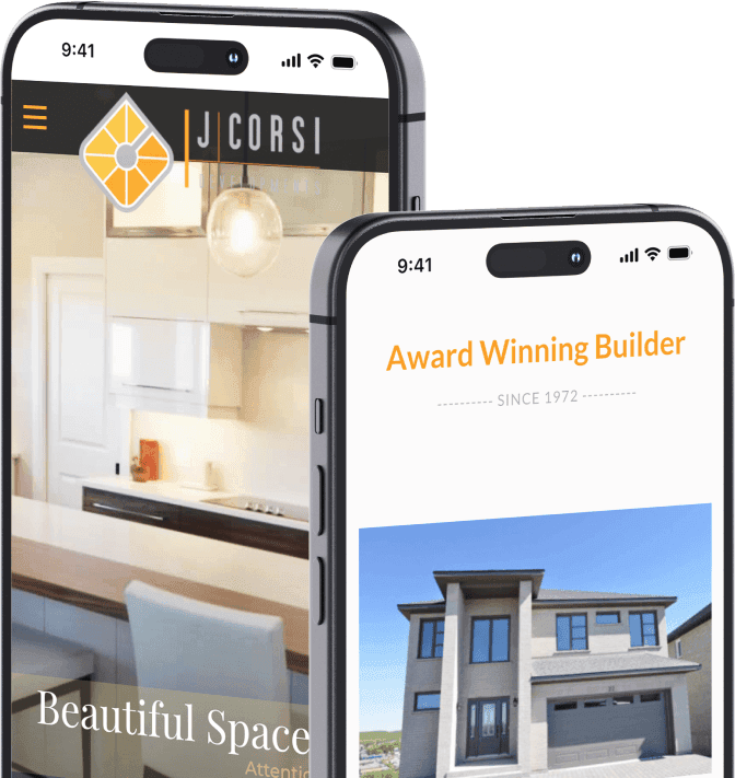 Two mobile devices showcasing the website of J. Corsi Developments, a construction company